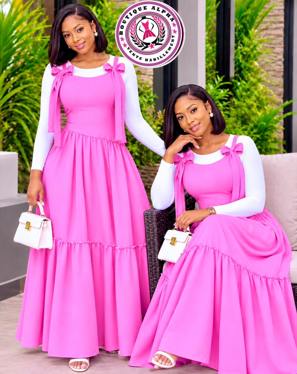 Robe longue rose et blanche à nœuds — Rose et blanc